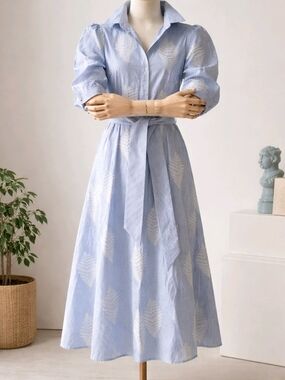 Zara Blue White Striped Embroidered Leaf Midi Coastal Shirt Dress Belted XS